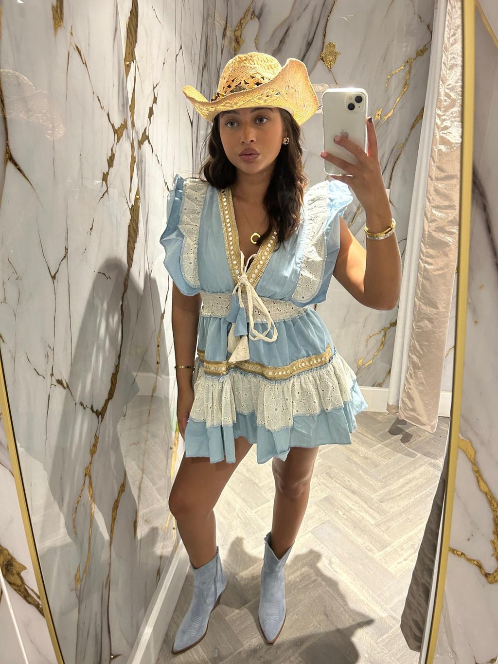 Light Blue Laura Jane Paris Boho Gipsy short dress ‘riviera’ this item is hand wash only