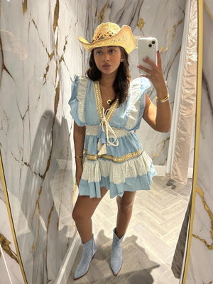 Light Blue Laura Jane Paris Boho Gipsy short dress ‘riviera’ this item is hand wash only