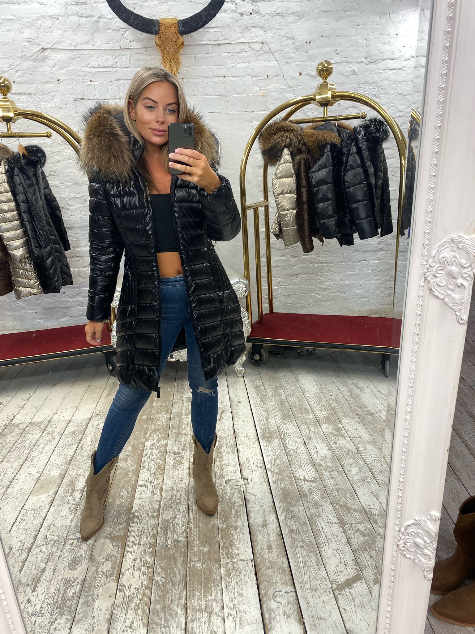 Laura Jane Paris luxury Puffer Coat ‘ Val d’isere ‘  Long black with natural