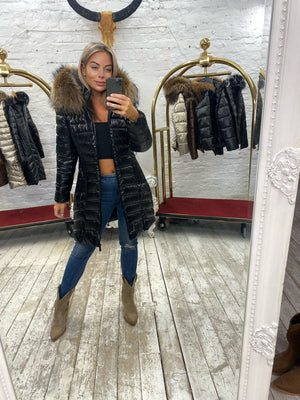 Laura Jane Paris luxury Puffer Coat ‘ Val d’isere ‘  Long black with natural