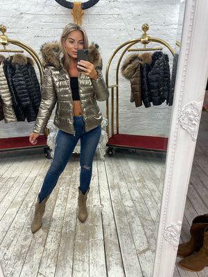 Laura Jane Paris luxury Puffer Coat ‘ Val d’isere ‘  Short gold with natural