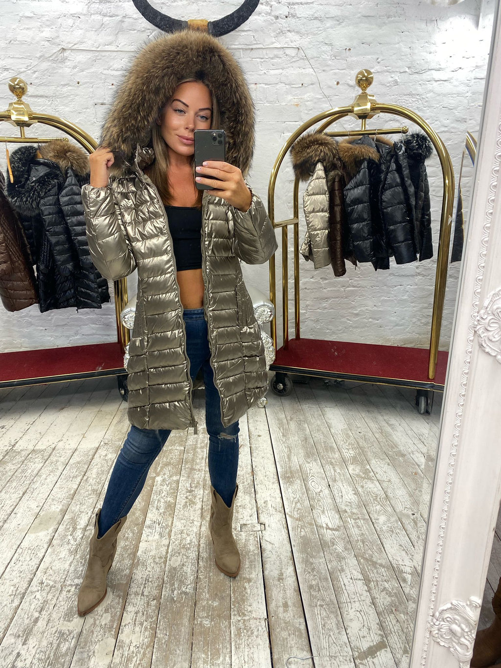 Laura Jane Paris luxury Puffer Coat ‘ Val d’isere ‘  Long gold with natural