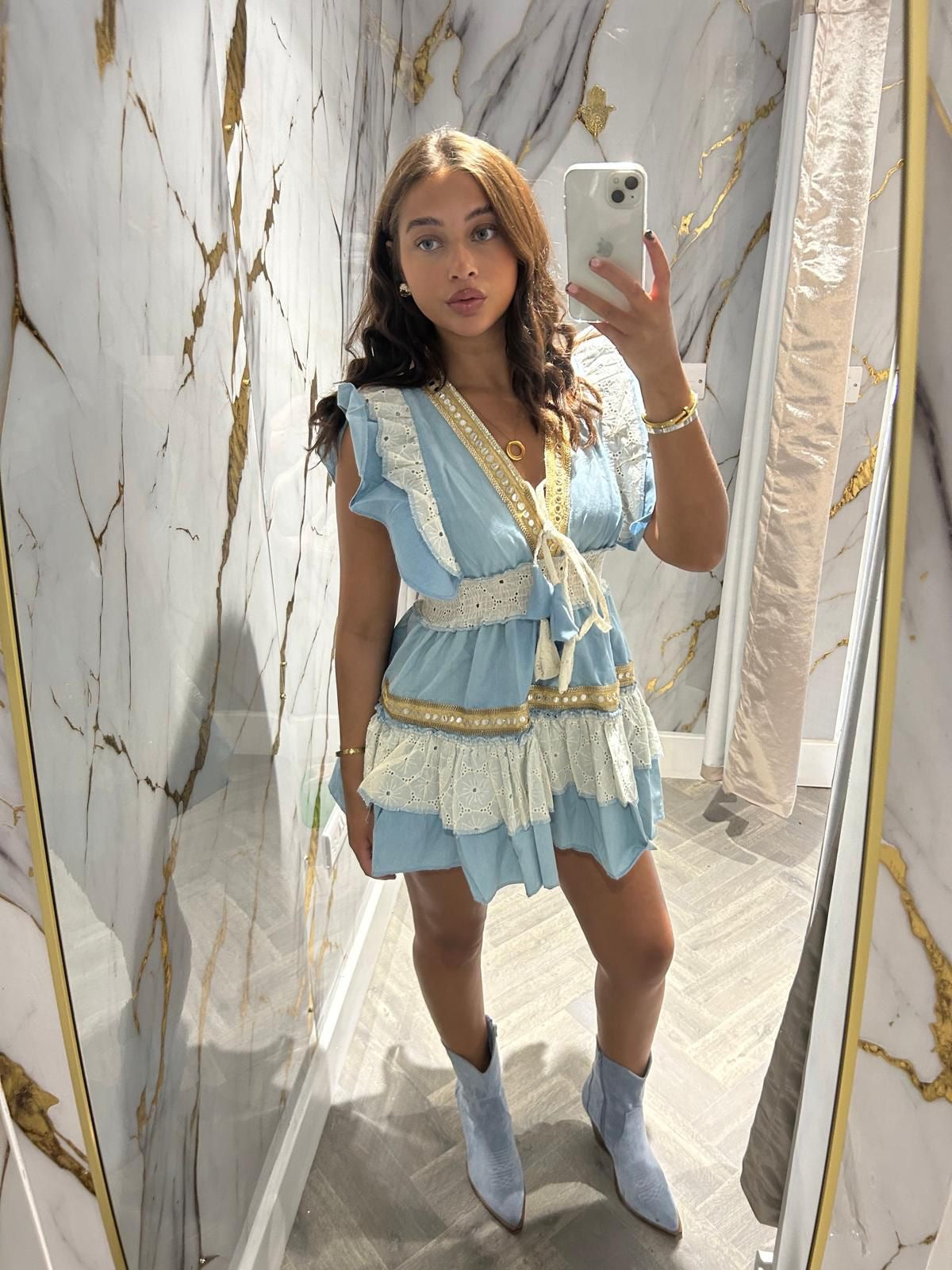 Light Blue Laura Jane Paris Boho Gipsy short dress ‘riviera’ this item is hand wash only