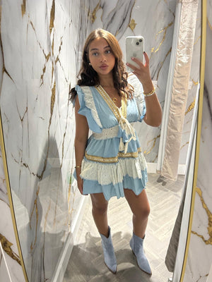 Light Blue Laura Jane Paris Boho Gipsy short dress ‘riviera’ this item is hand wash only