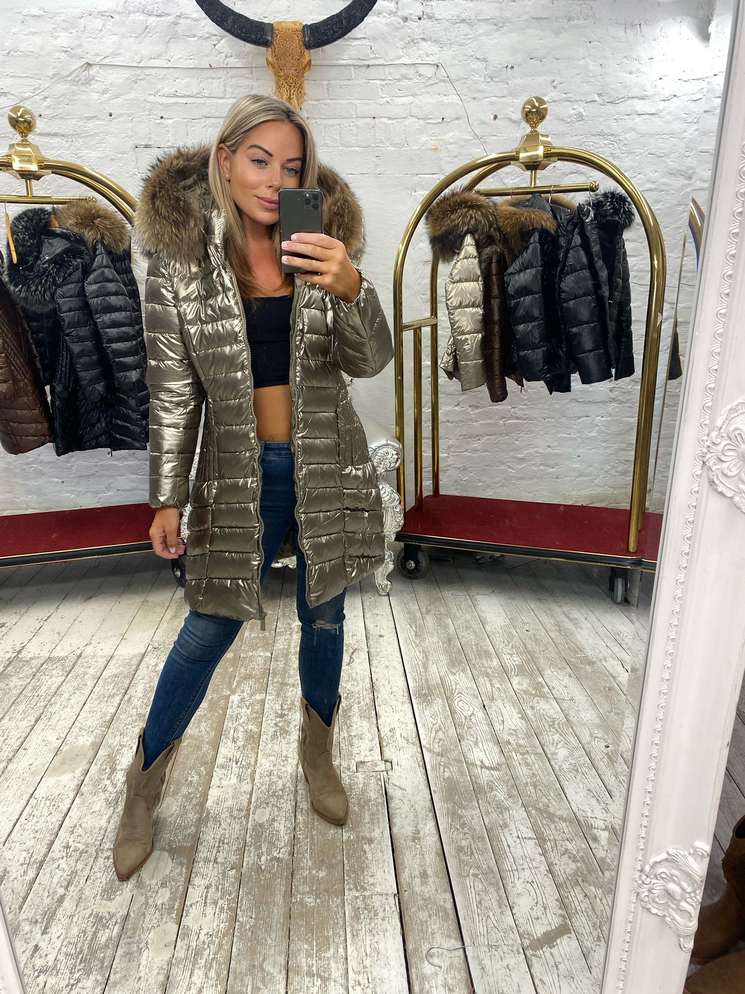 Laura Jane Paris luxury Puffer Coat ‘ Val d’isere ‘  Long gold with natural