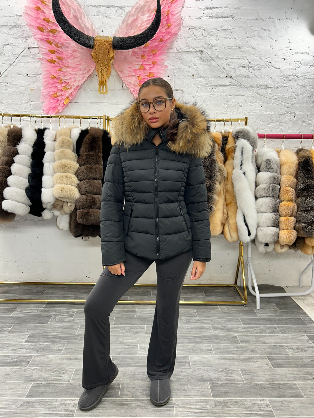 Matt Laura Jane Paris luxury Puffer Coat ‘ Val d’isere ‘  Short Black with natural